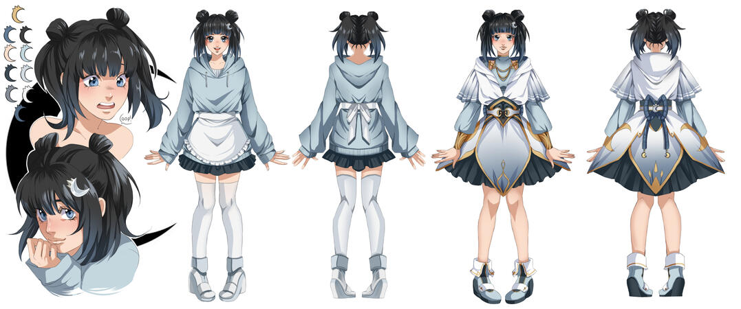 Reference Photo for Aoi's PNG tuber. Photo is of a young adult woman dressed in two pale blue outfits. The first is of a pale blue hooded sweater dress with a dark blue skirt underneath. The second is a blueish-white hooded top with frilled sleeves and lon